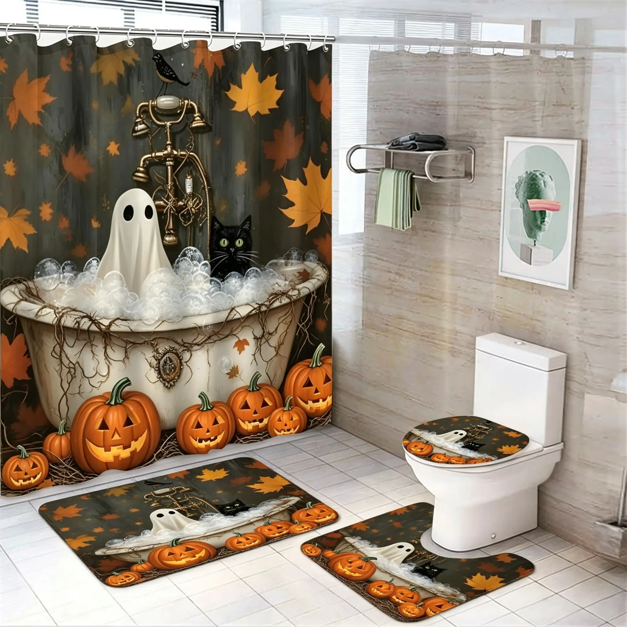 4Pcs Halloween Bathroom Decor Set - Plastic Hooks Included, Flannel Non-Slip Bath Mat, U-Shaped Rug, Toilet Lid Cover & Cute Spooky Ghost Black Cat Pumpkin Fall Maple Leaf Vintage Waterproof Shower Curtain, Household