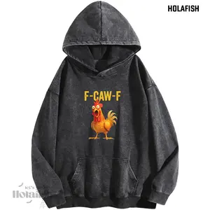 Wayii Women's Acid-Washed Screaming Rooster Print Hoodie - Polyester Fabric Clothes, Oversized Baggy Loose Fit, Vintage Winter Warm Streetwear Casual Tunic