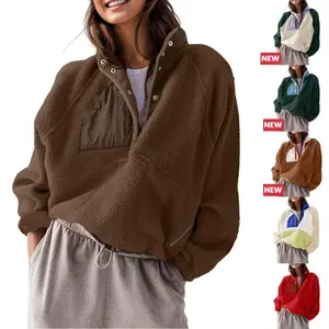 Tanming Womens Cropped Sherpa Fleece Pullover Zip Up Jacket with Pockets Soft Fuzzy Lightweight Warm Coat Outerwear Womenswear Baggy Long Sleeve