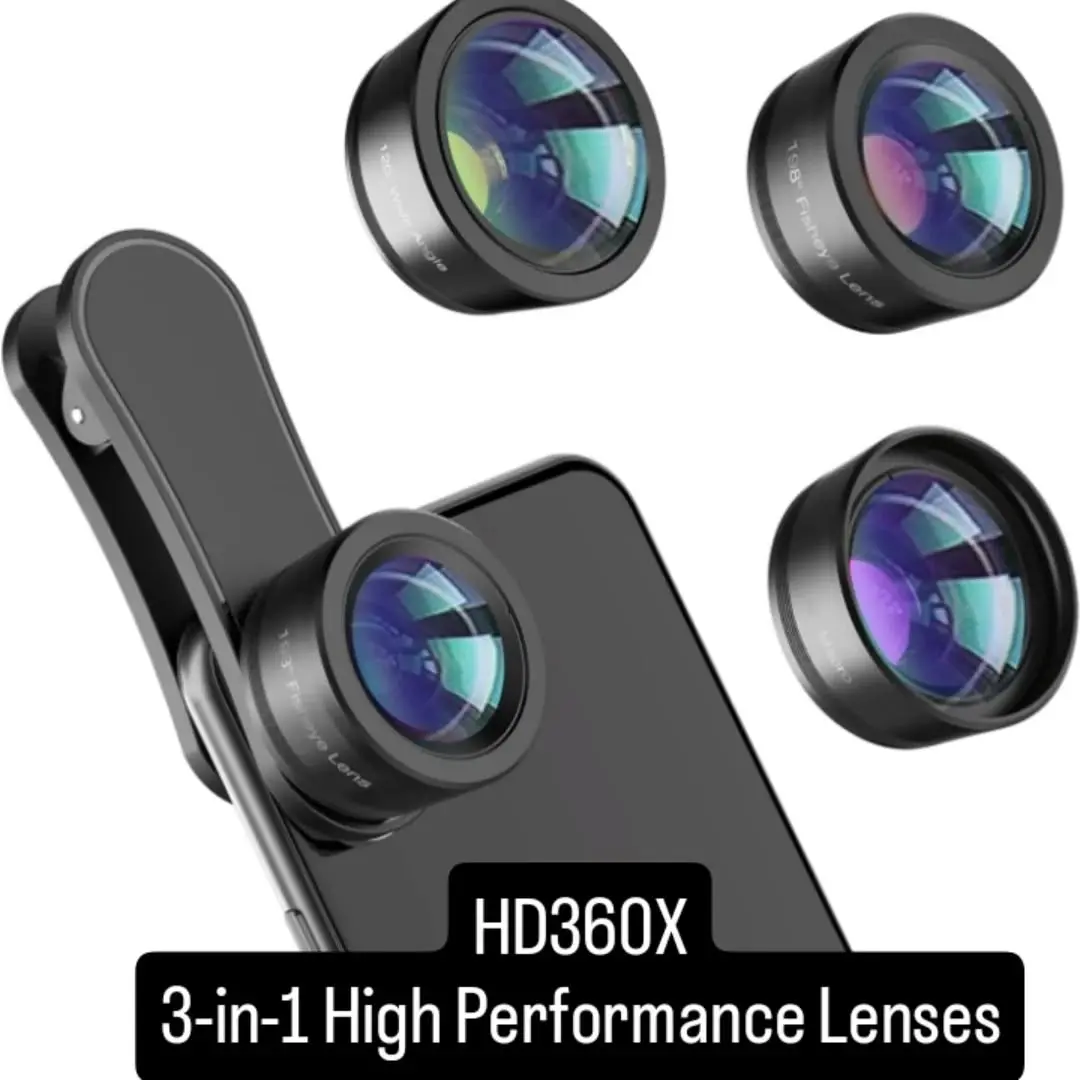HD360X 3-in-1 Mobile Phone Lens Kit with Cell Phone Holder - 180° Fisheye, Macro, 0.65 Wide-Angle Lenses, Portable Smartphone Camera Accessories for On-the-Go Photography