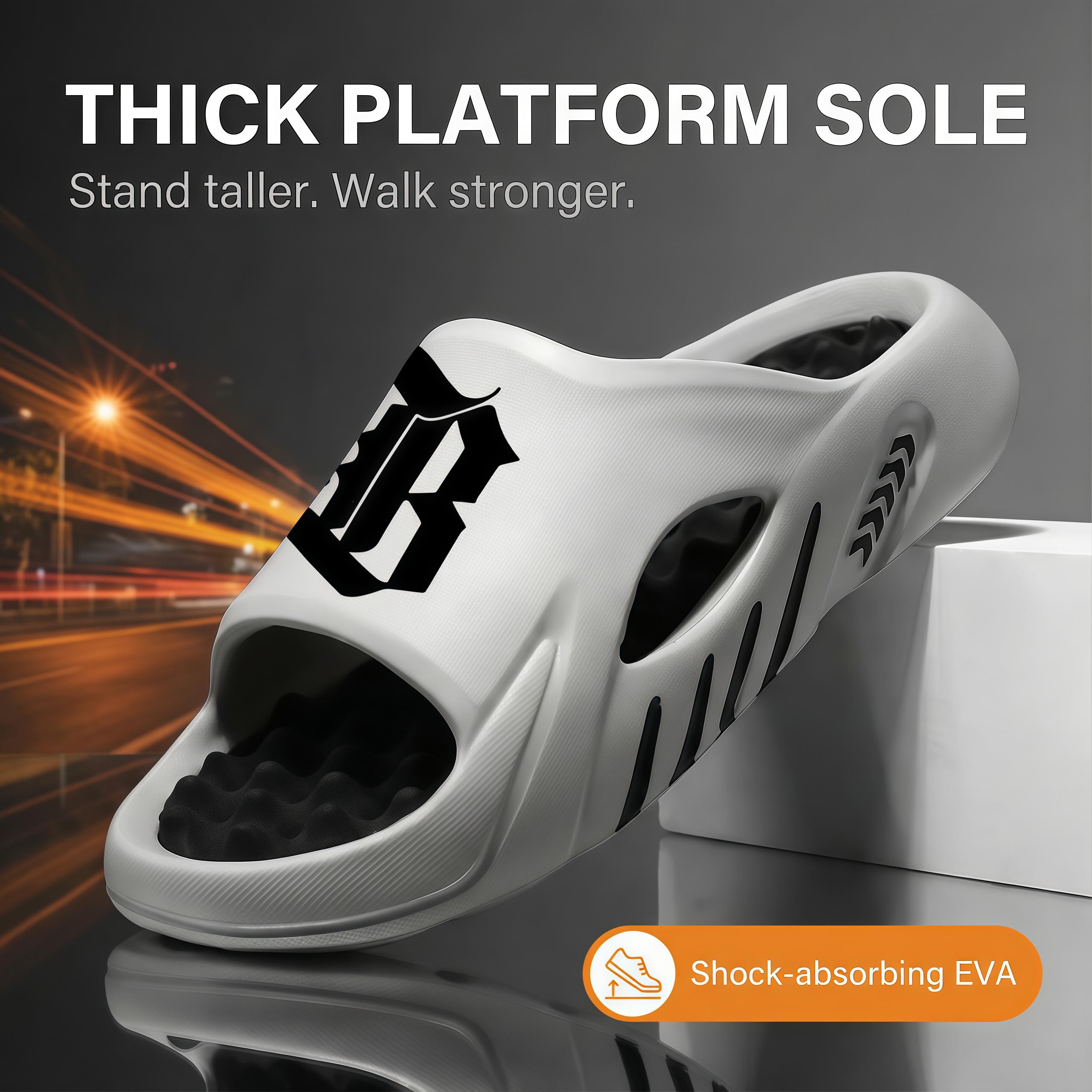 Men’s Urban Gothic Slides in Slate Grey – Trendy “B” Letter Graphic Streetwear Sandals – Premium Massage Footbed Recovery Slippers – Lightweight Non-Slip Thick Sole Slides for Men