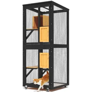 Outdoor Wooden Cat Catio 4 Tier Indoor Catio with 4 Wheels Platforms and Resting Box Cat Cage with Waterproof Roof Feral Pet Shelter Easy Clean PVC Layer Black/Grey