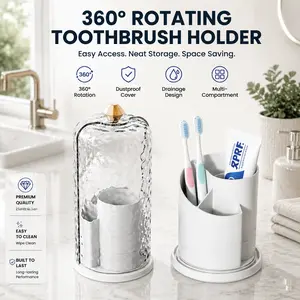 Dustproof Toothbrush & Makeup Brush Holder with Cover - 360° Rotating Electric Toothbrush Organizer with 3 Slots, Clear Vanity Desktop Storage Box for Bathroom Countertop