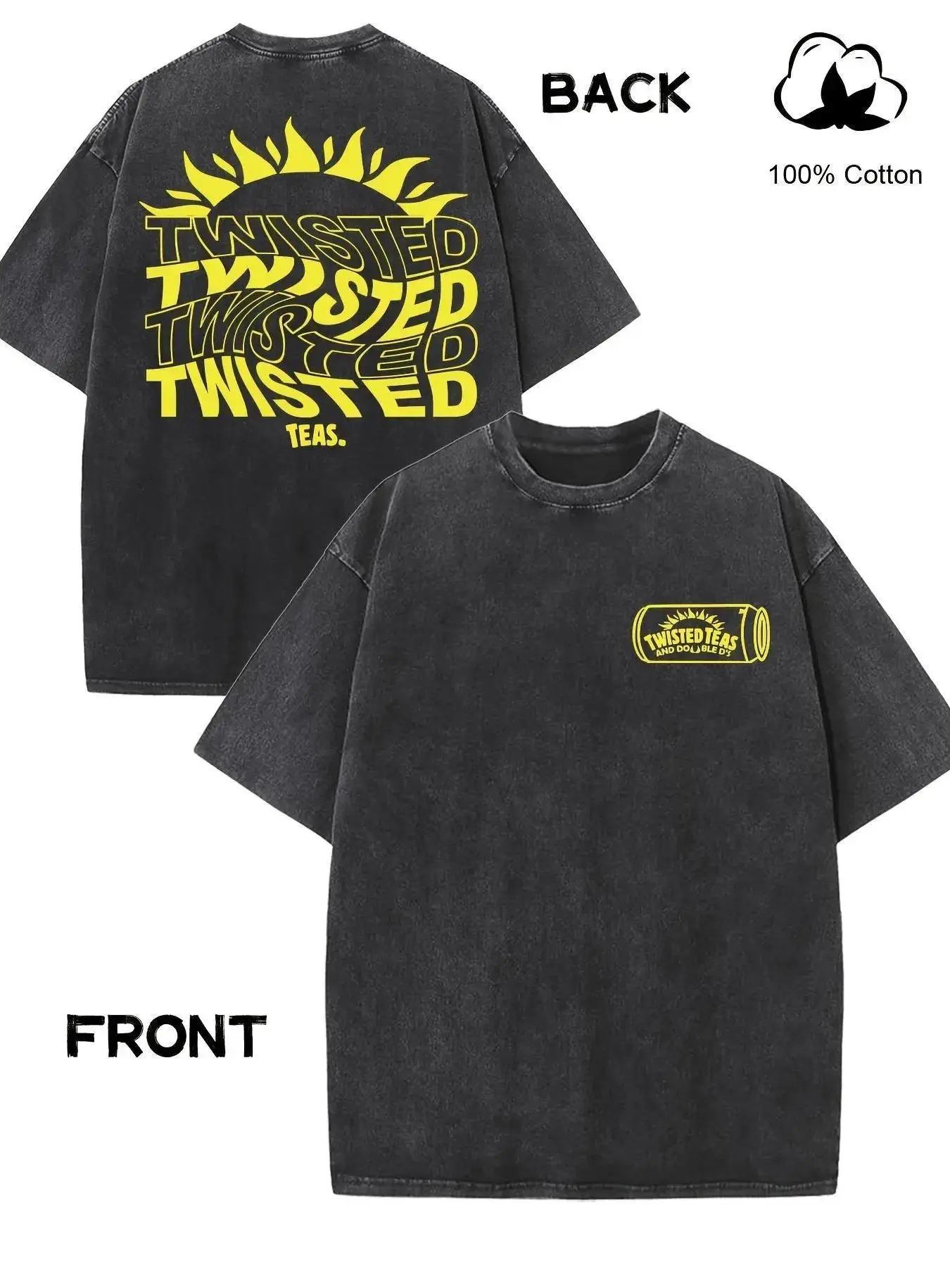 Men's 230g Heavyweight Cotton Vintage Graphic T-Shirt, Oversized Streetwear Crew Neck Top with Double-Sided Twisted Tea Logo Print, Drop Shoulder, Cold Wash, All Seasons Casual Menswear Tshirt