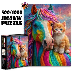 1pc 1000 piece adult puzzle 70x50cm Colorful Horse and Orange - White Kitten500 pieces of paper jigsaw puzzle, suitable for adults and families, large-scale DIY puzzle interactive toy games, birth