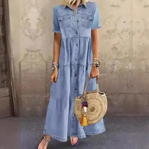 2025 New Denim Style Long Multi-Button Distressed Dress Summer Dress(Sheet)