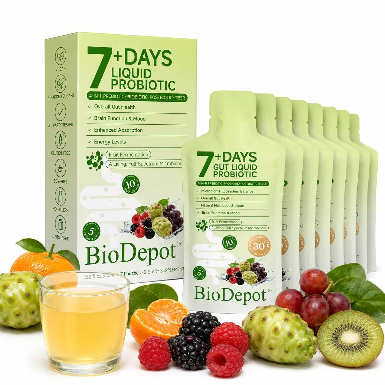BioDepot Natural Liquid Probiotic Supplement - 4-in-1 Daily Formula with Prebiotics, Postbiotics, Dietary Fiber, Sugar Free, Dairy Free, Metabolism Boost, Botanical Extracts, 24-Month Shelf Life