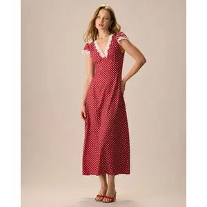rihoas Women's Red Cap-Sleeve Slim V-Neck Polka Dot Lace Ruched High-Waisted Feminine Polyester Casual Wear Maxi Dress,summervibes