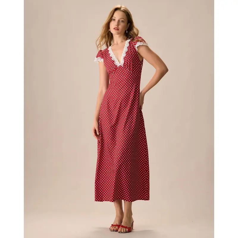 RIHOAS Women's Ankle-Length High-Waisted Lace-Dot Maxi Dress - Dresses for Women, V-Neck, Cap Sleeve, Ruched, Slim-Fit, All Seasons, Polka Dot Charm, Recycled Polyester Sustainable Fiber Gown (Casual-Formal Wear)