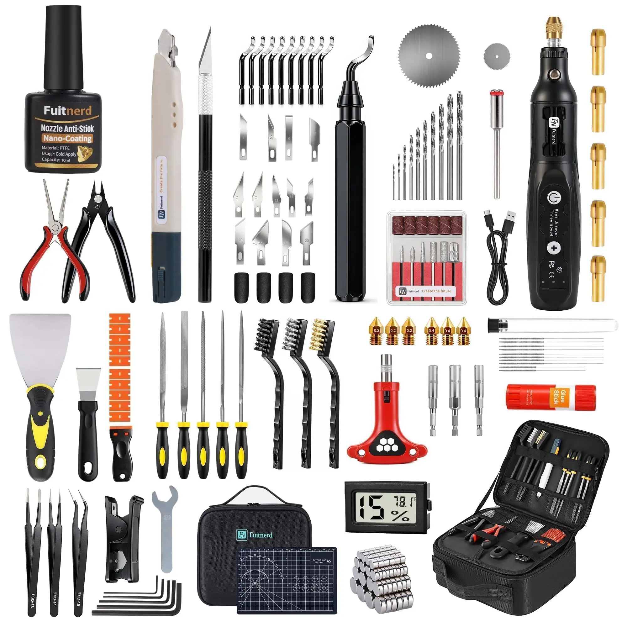 141Pcs 3D Printer Tool Kit & Accessories, 4-Layer Slotted Case, Cordless Rotary Sander, Deburring Tool, PTFE Nozzle Anti-Stick Nano-coating - Bambu Lab A1, Ender 3, Flashforge, Anycubicetc, Kobra, etc