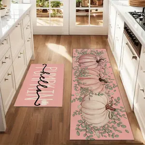 2Pcs Pink Pumpkin Autumn Thanksgiving Floor Mat Set Farmhouse Boho Kitchen Rug Home Decor Rug Decorative Rugs Dining Room Flooring Laundry Room Decor Carpet Mat