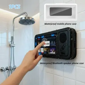 Waterproof Bathroom Phone Box, Bluetooth-compatible Speaker Sound Bath TV Stand Holder, Touch Screen Phone Case, Shower Phone Mount with Speaker