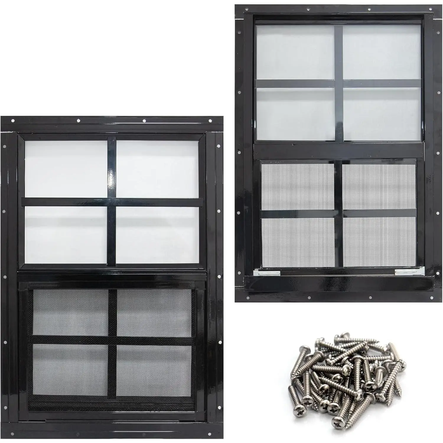 2 Pack Shed Window with Black Frame, 14 x 21 Flush Mount Small Window with Tempered Glass and Fiberglass Screen for Shed, Chicken Coop, Playhouse, Household, Garage