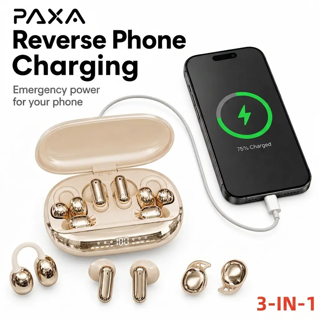 PAXA GT699S 3-IN-1 Wireless Earbuds with Power Bank Charging Case, Includes In-Ear, Clip-On & Sleep Earbuds, Reverse Phone Charging, Bluetooth 6.0, Long Battery Life, Stereo Sound, Earphones for Sports, Sleep & Daily Use, Compatible with Android & iOS