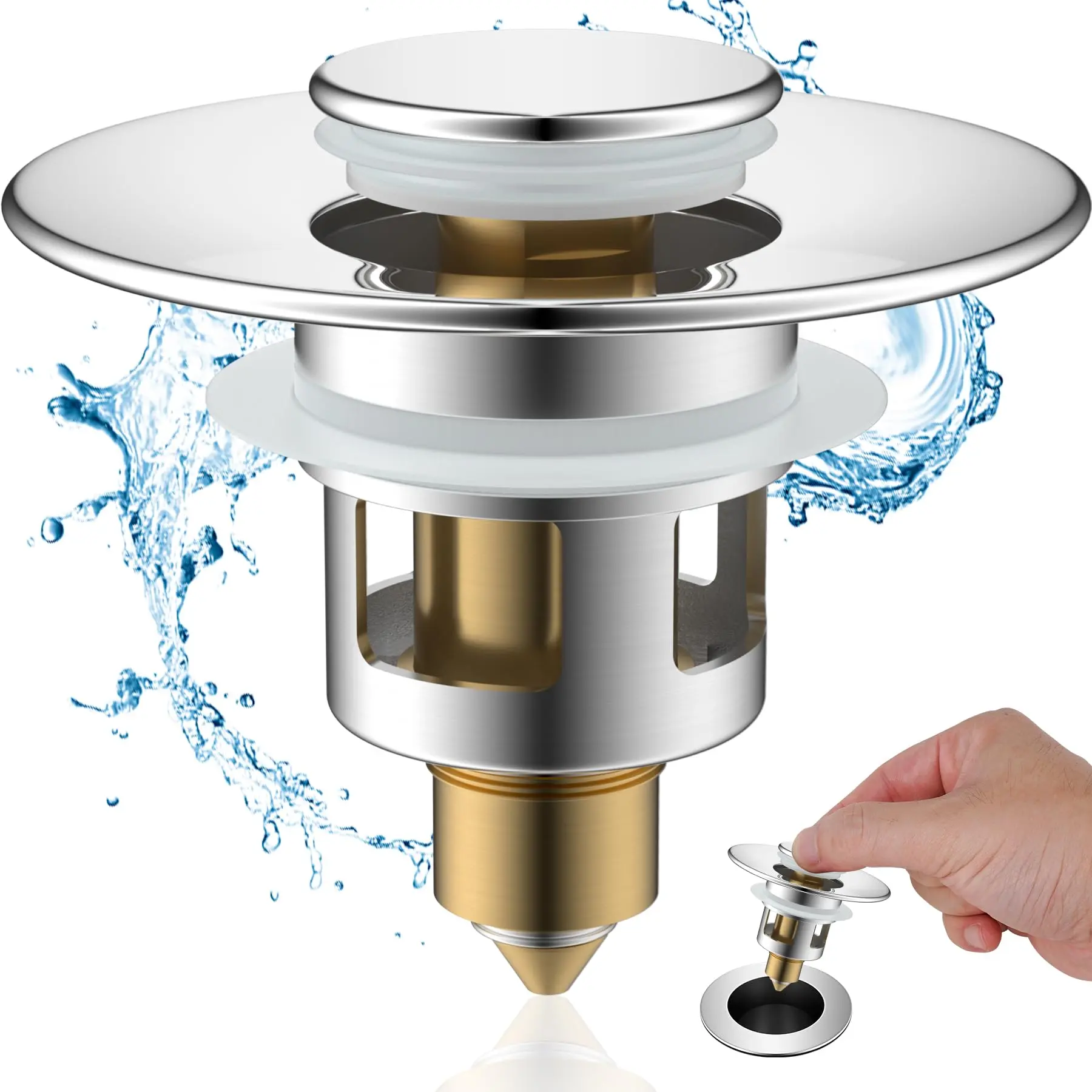 Hibbent All Metal Universal Bathroom Sink Stopper, for 1''~1.8'' Basin Pop Up Sink Drain Strainer, Upgraded Brass Bullet Core Push Type Sink Stopper, Stainless Steel Anti Clogging Drain Filter bathroom sink