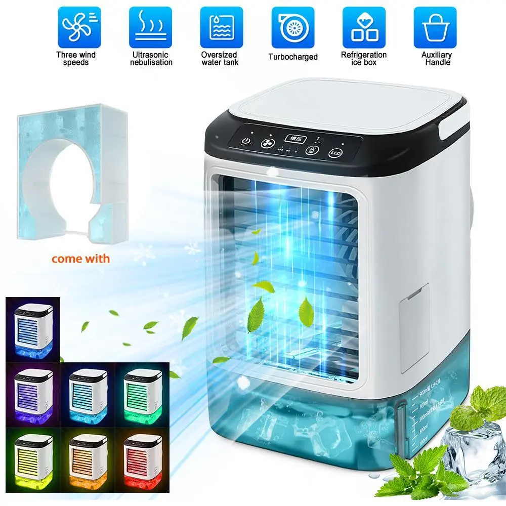 【SUMMER SALE】7-Color LED Portable Air Cooler Fan with Ice Box & Dual Mist - 3 Speed Desktop Cooling Fan, 900ml Water Tank, Quiet USB Mini Evaporative Cooler for Home Office Bedroom,dorm essentials,home essentials
