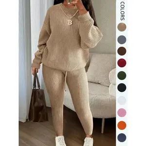 Women's Solid Drop Shoulder Long Sleeve Sweater & Drawstring Waist Pants Set, Elegance Casual Style Fashion Cozy Knitwear for Daily Outdoor Wear, Ladies Fall & Winter Clothes