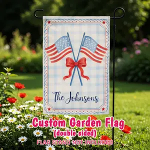 1pc Custom Family Name Garden Flag for 2026 USA 250th Anniversary - Personalized Blue Gingham & Bow Patriotic Double-Sided Welcome Banner, Festive Outdoor Decor (Flag Only)