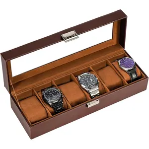 6 Slot Watch Box with Glass Lid, PU Leather Watch Display Organizer Case, Multi Watch Storage Holder, Anniversary Birthday Valentine Gifts for Men Women