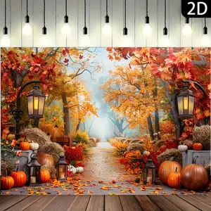 Autumn Harvest Background Banner - Pumpkin Maple Leaf Vintage Lantern Decoration, Thanksgiving Halloween Party Photography Backdrop Fabric, Durable Polyester Suitable for Indoor and Outdoor Use