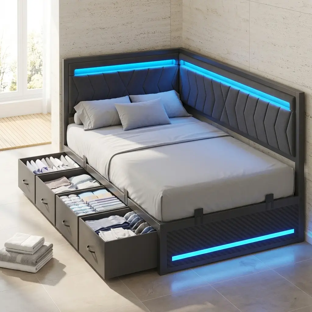 Hasuit Modern Contemporary Metal Corner Bed Frame (Twin/Full/Queen) - Strong, Esports-Style Gaming Bed with 4 Easy-to-Pull Drawers, LED Lights, Charging Station, Upholstered Headboard & Guardrail (Queen Size Daybed Option)
