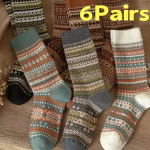 6-Pairs Thin Nordic Boho Crew Socks for Women & Men - Cozy Warm Socks with Vintage Embroidered Pattern for Winter