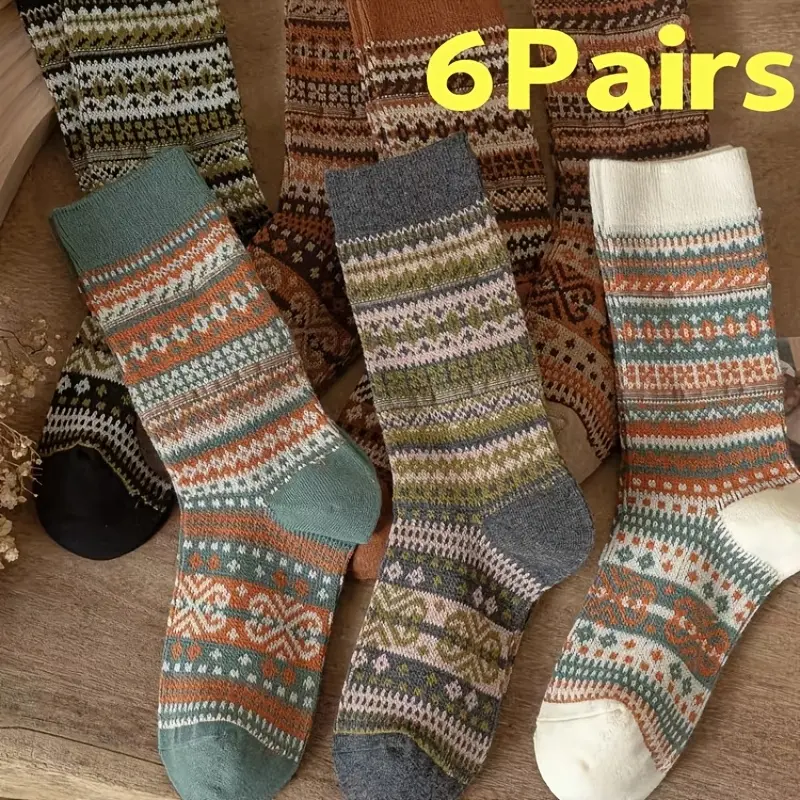 Women's & Men's 6-Pairs Thin Nordic Boho Crew Socks - Fashion Essential Colorful Everyday Style Socks with Vintage Embroidered Pattern for Winter Cozy Warmth (Party Gift Home Supply), Retro