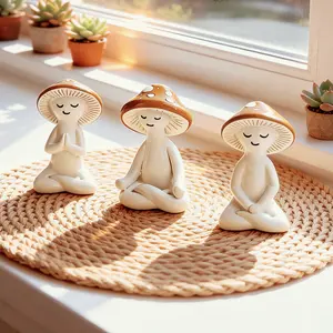 Set of 3 Resin Meditation Mushroom Figurine - Little Cute Zen Mushroom Statue Sculpture for Desk & Bookshelf - Decorative Ornament for Bedroom, Living Room, Office & Home Decor - Unique Adorable Gift Idea for Birthday, Housewarming & Mother's Day