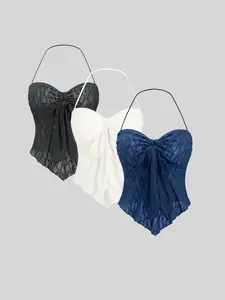 European and American hot girls sexy lace halter neck bow vest solid color women's top three set