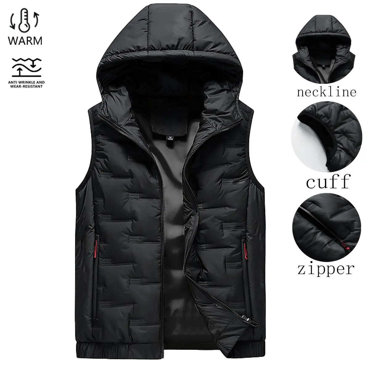 Men's Hooded Gilet in a Fitted Cut, Warm Cotton-Polyester with Front Zip for Autumn-Winter Streetwear, Hooded Neck, Woven, Comfortable, Ease Of Movement