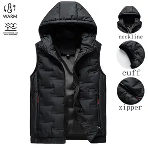 Men's Autumn And Winter Warm Cotton Vest Sleeveless Hooded Jacket Menswear Tops Gilet Casual Black
