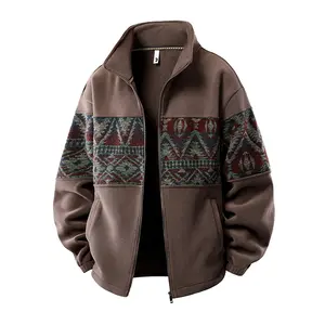 Men's Ethnic Pattern Full Zip Cardigan Sweatshirt, Stand Collar Casual Jacket, Fleece Lined Warm Loose Baseball Jersey, Men's Top for Autumn and Winter, Everyday Wear Sizes S-4XL
