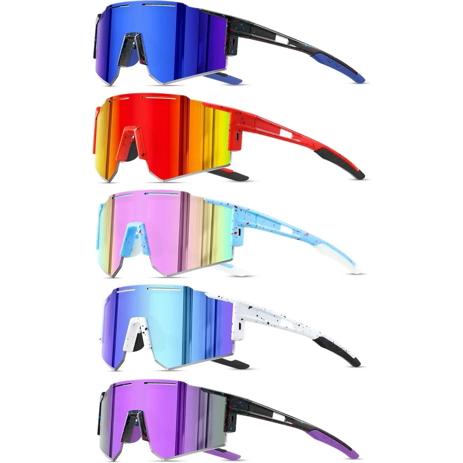 Unisex Kids Polarized Sports Sunglasses 5-Pack - UV400 Protection, Optical Lenses, Softball Sports Eyewear with Frame Options: Black+Deep Blue+Red+White, Blue+Pink, Blue+Green+Purple (5pack: Black+Deep Blue+Red+White, Blue+Pink Frames)