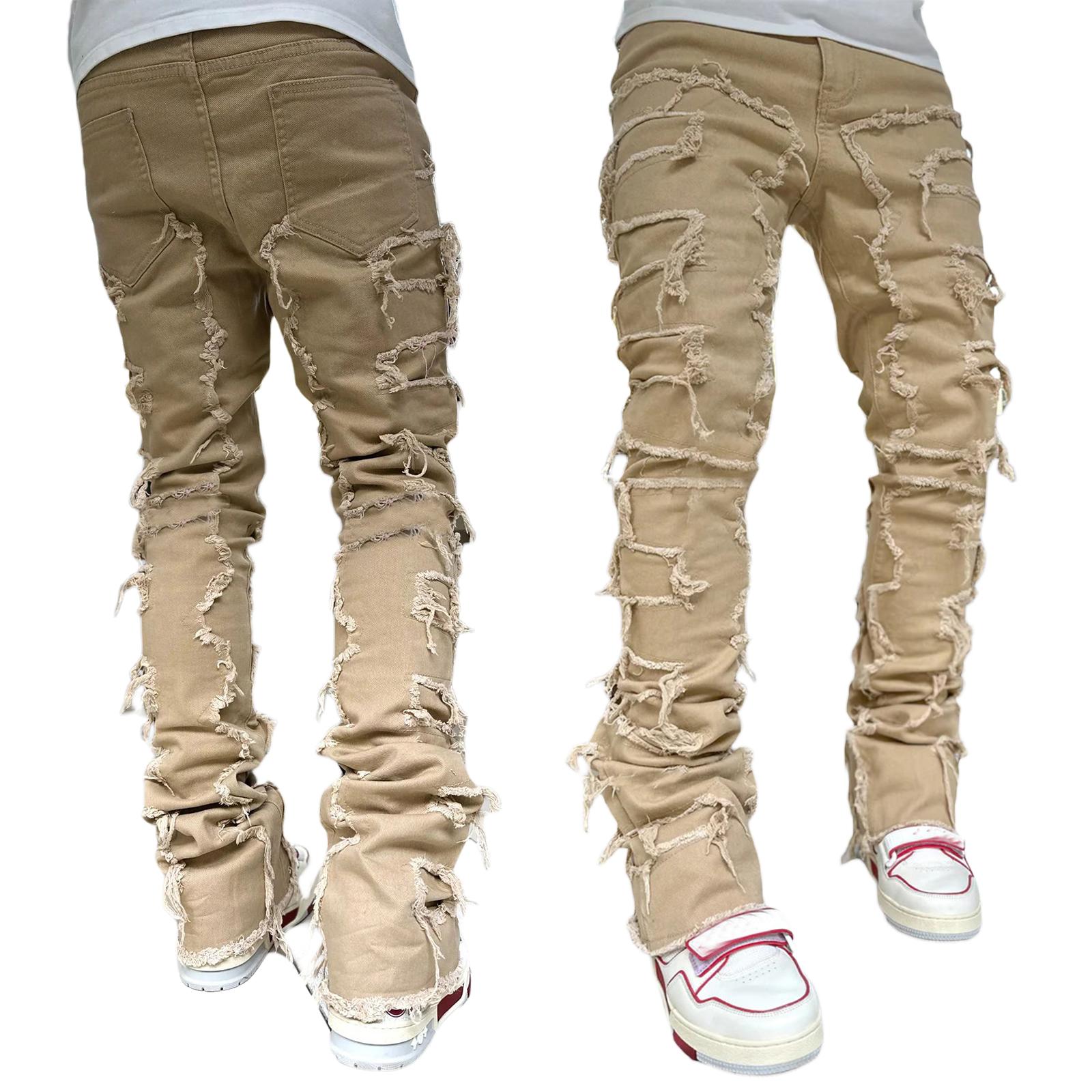 Men’s light-wash stacked flare jeans with heavy frayed patches