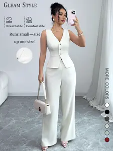 2026 New European and American Women's 2-Piece Set, Waist-Cropped Sleeveless V-Neck Top + Wide Leg Pants, Slim Fit, Light Color, Slightly Transparent