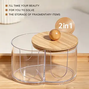 2-In-1 Transparent Cotton Swab Makeup Storage Box, Wooden Lid, Dual Compartment Bathroom Organizer, Space-Saving Vanity Tray, Cosmetic Storage Box, Natural Wood Finish