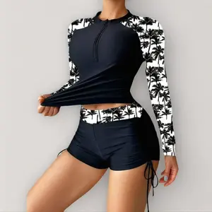 Women's 100% Cotton Palm Print Rash Guard Set - Long Sleeve UPF 50+ Sun Protection Shirt, Mid-Waist Regular-Length Shorts - UV-Protective Activewear for Swimming, Surfing