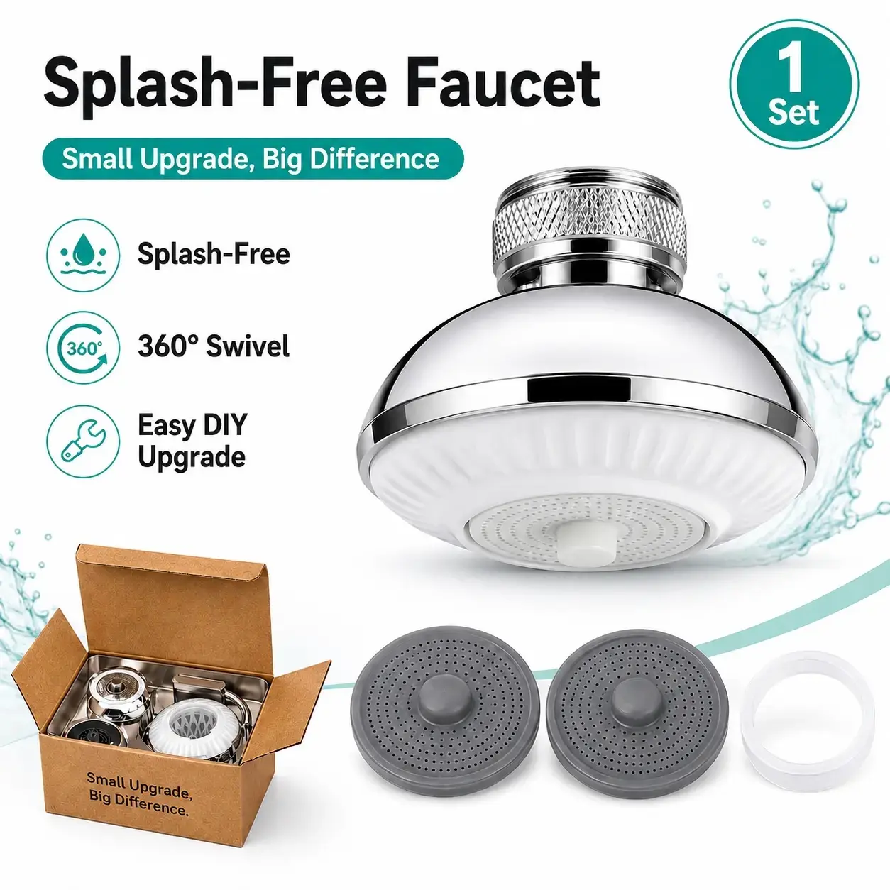 UFO Series Adjustable 3-Mode Rotatable Rotary Faucet Aerator Extension, ABS Anti-Splash Wide Spray Sink Sprayer Attachment, 360° Rotating Design 360° Swivel Faucet Head Replacement (55/64 in Female Thread) for Kitchen Sink