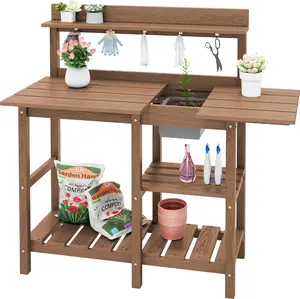 SERWALL Potting Bench Outdoor Potting Table with Sink, HDPE Potting Benches for Outside Gardening Table All Weather Use