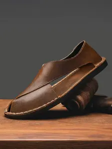 Men's Classic Open-Toe Pu Leather Sandals, Handmade Fashion Driving Shoes, Casual Outdoor Footwear, Comfortable Summer Footwear for Men