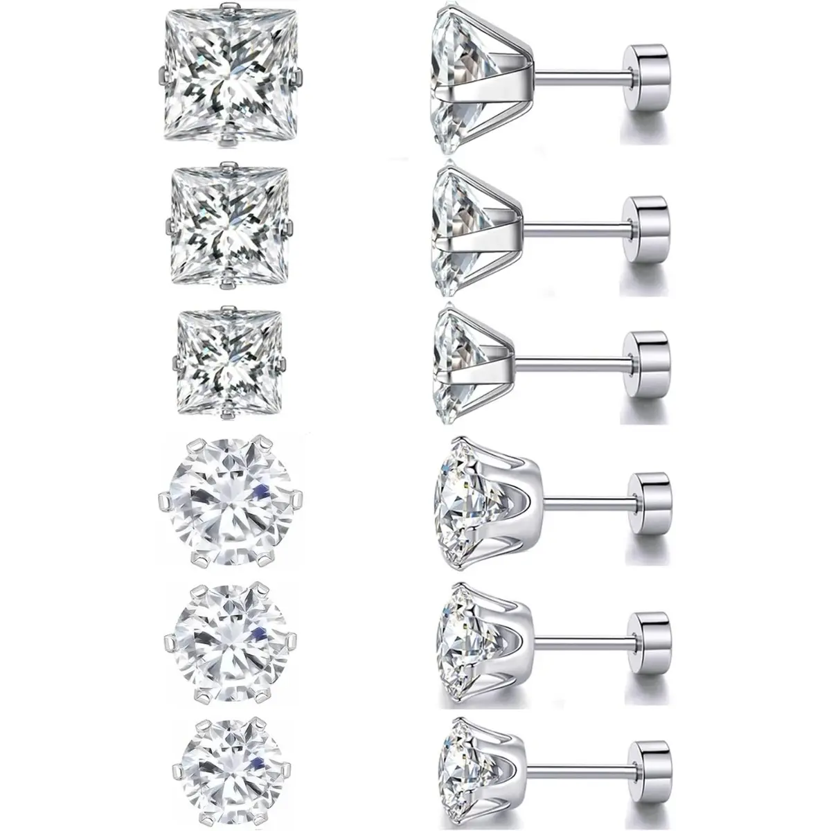 Women's 6-Pair Hypoallergenic Earring Stack - Gold-Plated Stainless Steel Square&Round Diamond, Flat Back Non-Tarnish Titanium Steel Daily Wear Fashion Jewelry Holiday Gift, Hypoallergenic Earrings, Earring Stacks