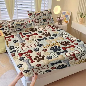 3D Pet Paw Print Bone Fitted Bed Sheets Set and 2 Pillowcases No Core, Multicolor Dog Paw Prints Bone Shapes and Golden Woof Text, Soft Non-Slip Wrinkle Resistant, Warm Healing Style Bedroom Decor Gift Choice