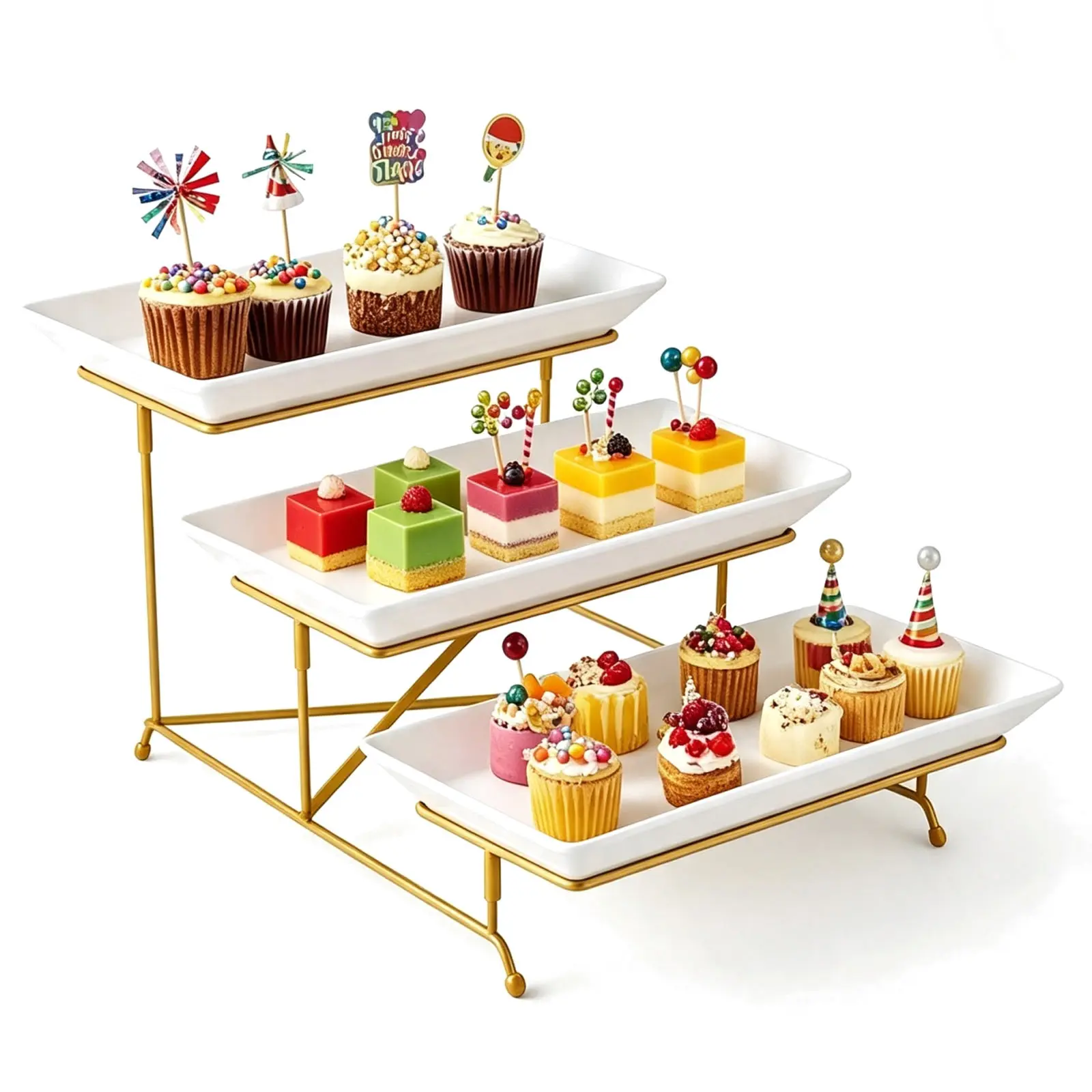 3 Tier Serving Tray, Porcelain Serving Platter Tier Serving Stand | Serving Trays and Platters with Collapsible Sturdier Rack Dessert Party Display Set for Baby Shower, Christmas, Gold, 11.5 Inch