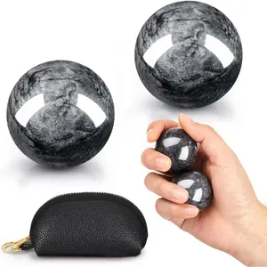 Baoding Balls Set of 2, Chinese Stress Relief Hand Exercise Balls with Leather Pouch, 1.57 Inch Dark Grey Marble, Finger Exercise and Wrist Strength Training
