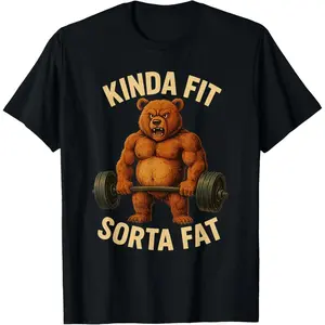 Women's "Kinda Fit Sorta Fat" Graphic Tee, Funny Bear Cotton Blend Short Sleeve Top for Gym & Casual Streetwear