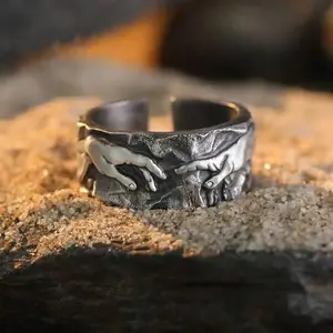 Retro Simple Stereo Relief Art Famous Painting The Hand of God Opening Ring for Women Men, Personality Stainless Steel Jewelry, Adjustable Statement Ring, Vintage Art Inspired Finger Ring, Unique Gift, Couple Jewelry, Trendy Unisex Accessories, Party Gift