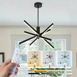 Modern Sputnik Chandelier, Dimmable 3000K-6000K LED Pendant Light, Remote Control Ceiling Light Fixture for Dining Room Living Room, Black/Gold/Nickel Options