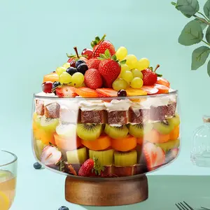 NiHome 123oz Large Glass Trifle Bowl with Elegant Acacia Wooden Stand, Versatile Serving Dish for Cakes, Salads,Desserts,Display for Parties Tableware