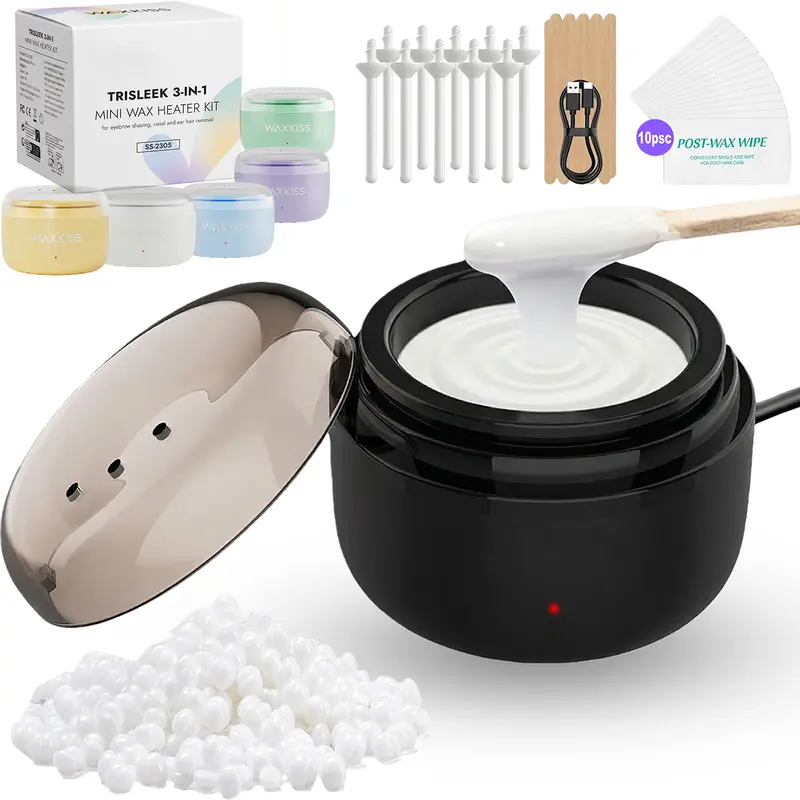 Adult Nose Waxing Kit - Portable Warmer, Wax Beans, 6 Nose Sticks, Applicators, Silicone Pots, Wipes for Facial Waxing, Ears, Beauty Needs; All-Skin Suitable for Emergency Social Use