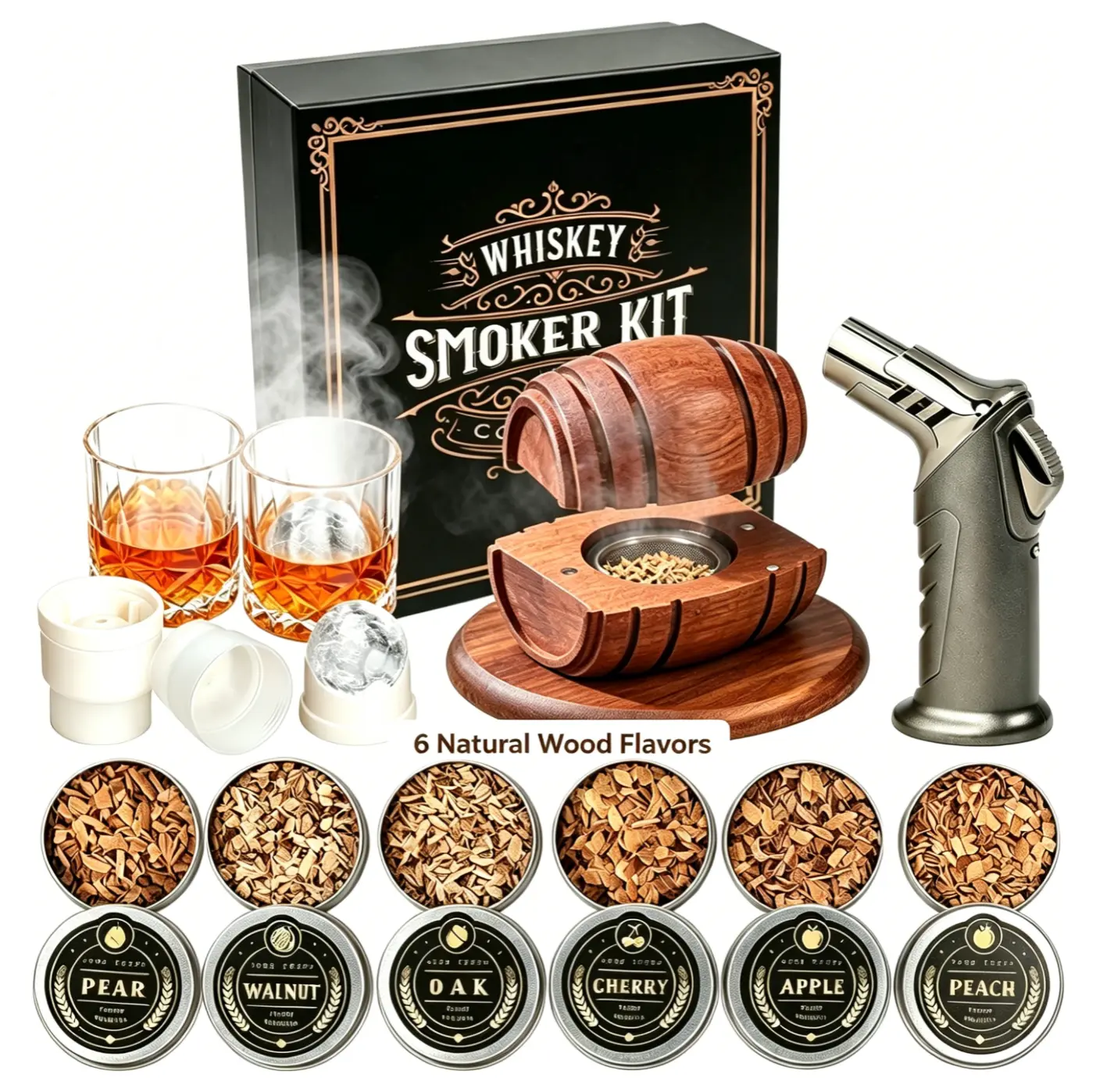 Whiskey Cocktail Smoker Kit - Durable Bar Utensils Set with Wooden 6-Flavor Wood Chips, Metal Drink Smoke Infuser, 2 Glasses, Ice Ball Molds, Easy for Beginners, Ideal for Home Bars, Food Gatherings, Party Use, Old Fashioned Gifts for Him